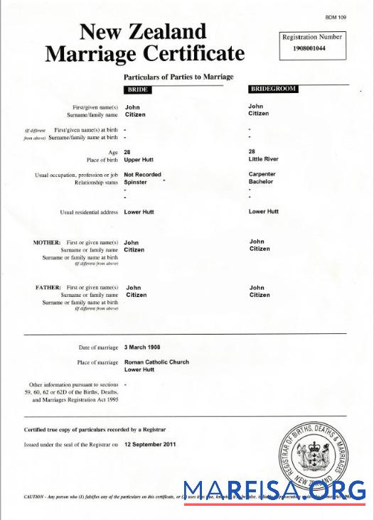 Blank New Zealand Registrar of births, deaths & marriages marriage certificate download for verification